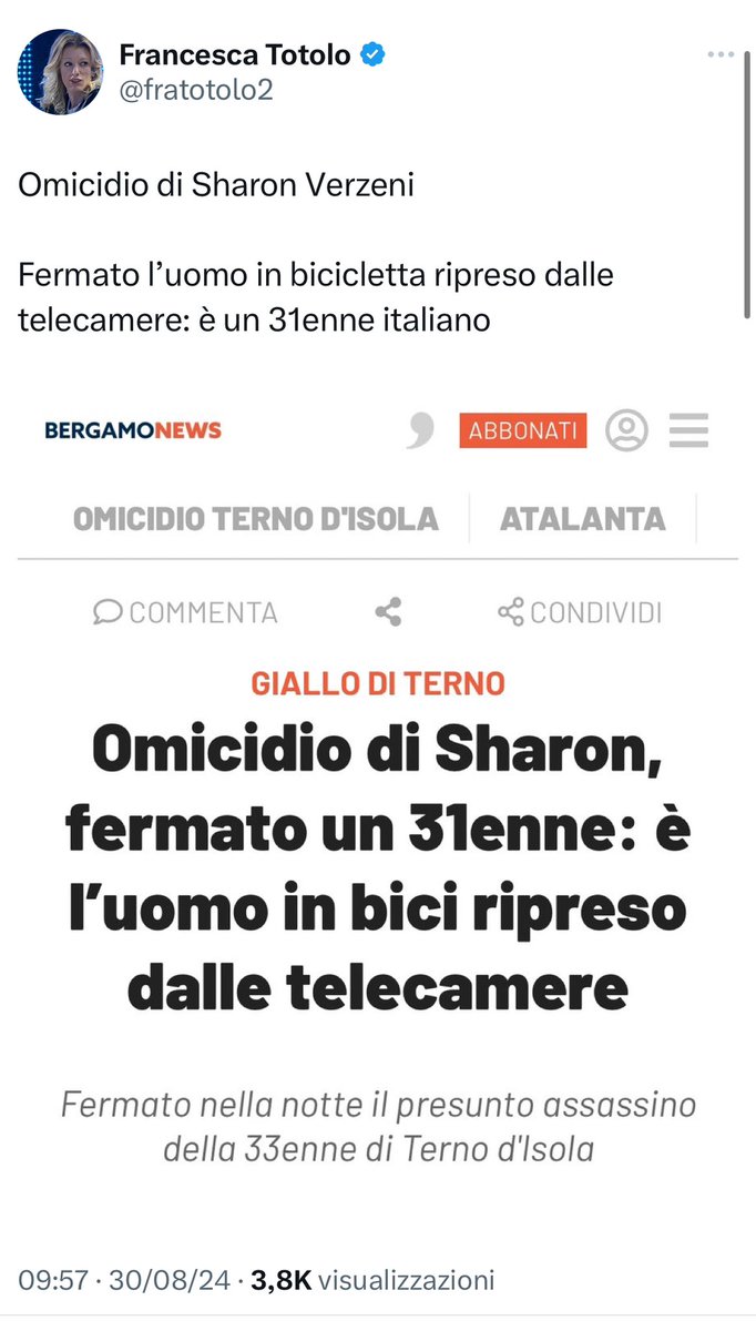 ⚠️ Omicidio di #SharonVerzeni 

“Ho ucciso tanto per farlo”

Il “31enne italiano” (come riportavano tutte le testate) fermato per l’omicidio della donna si chiama Moussa Sangare (nato in Italia da genitori marocchini): ha confessato.