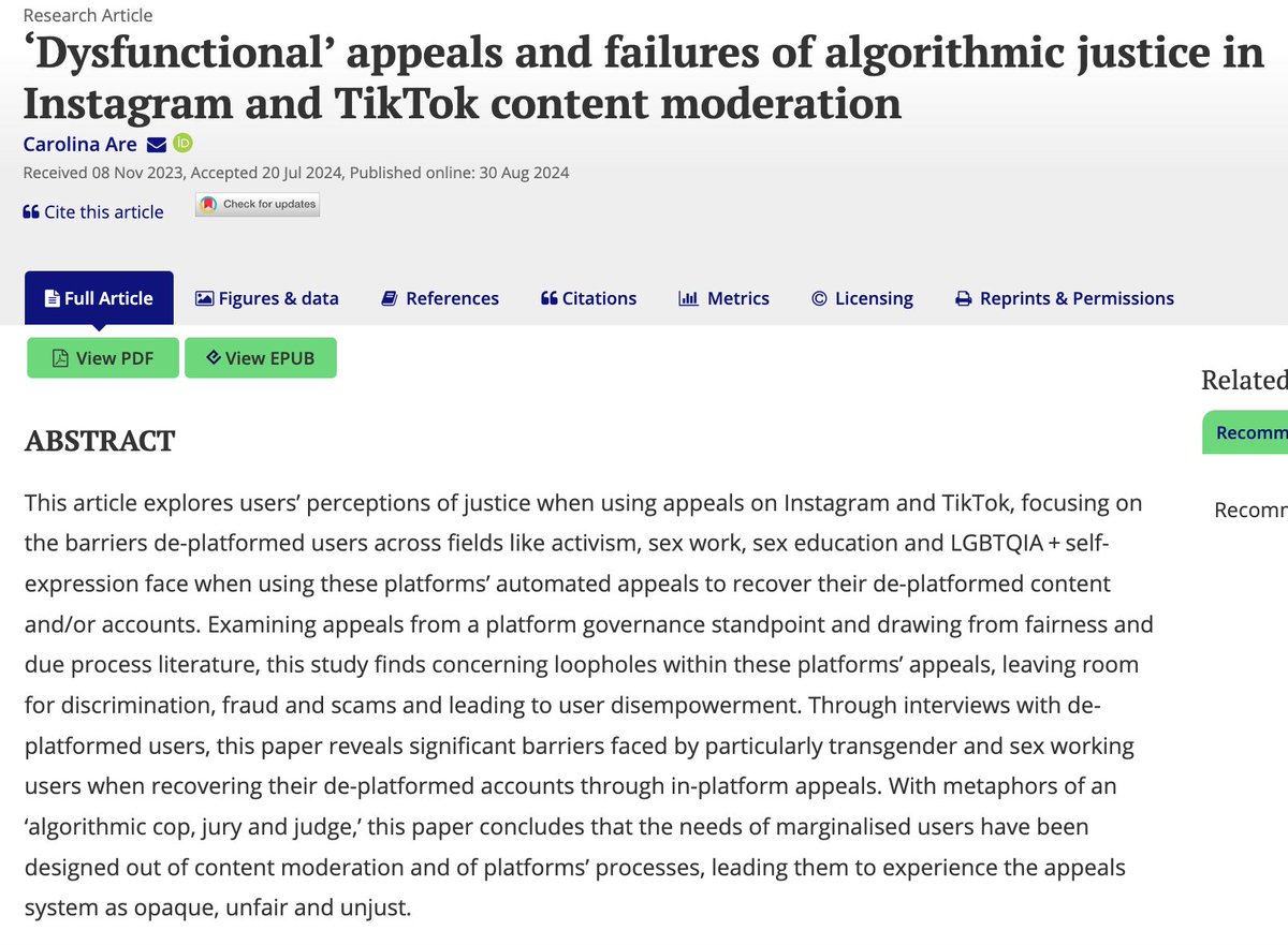 Briefly coming out of my annual leave digital detox to share my new paper evaluating perceptions of justice in appeals for de-platformed #Instagram and #TikTok accounts now out OA in <a href="/icsjournal/">icsjournal</a>: tandfonline.com/doi/full/10.10…