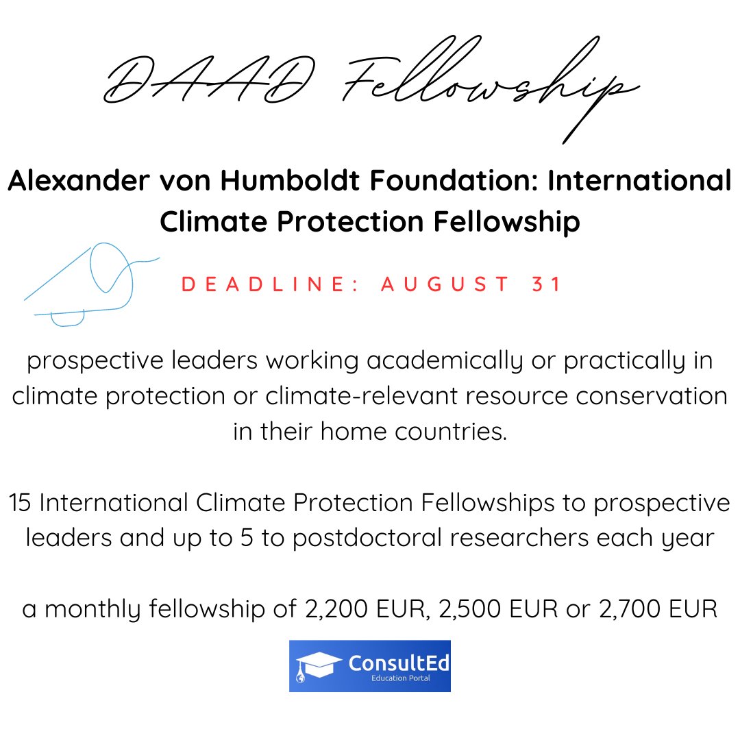 ConsultEd15's tweet image. International Climate Protection Fellowship is having its deadline tomorrow. Take these last two days to finalize the necessary documents and proposals and apply early.
.
.
.
.
.
.
.
.
#ConsultEd #DAAD #daadscholarship #internationalclimateprotectionfellowship