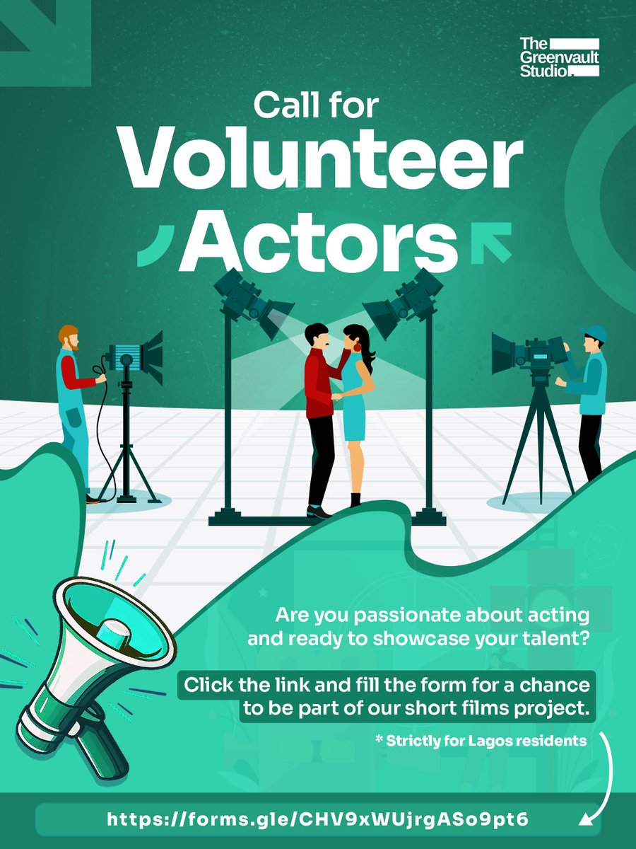 Are you interested in being a Volunteer actor for our upcoming short films project?

Fantastic! Let’s get to meet you.

Fill this form

forms.gle/CHV9xWUjrgASo9…

This is open to only residents of Lagos and applications close on the 14th of September, 2024.

Please, RT 🙏🏾