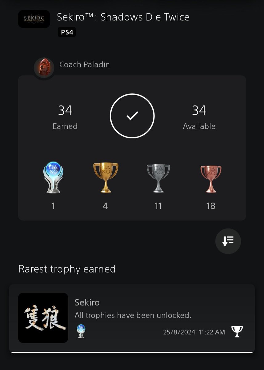 imthecoach_'s tweet image. Hi, Im Back!  
I played #Sekiro when it was released in 2019, but I couldn't beat the final boss, #Isshin so I gave up.  

Now I've tried to play it again n not only did I beat the game, but I also got the #Platinum.

•This game is considered the hardest #FromSoftware game. 😬🏆