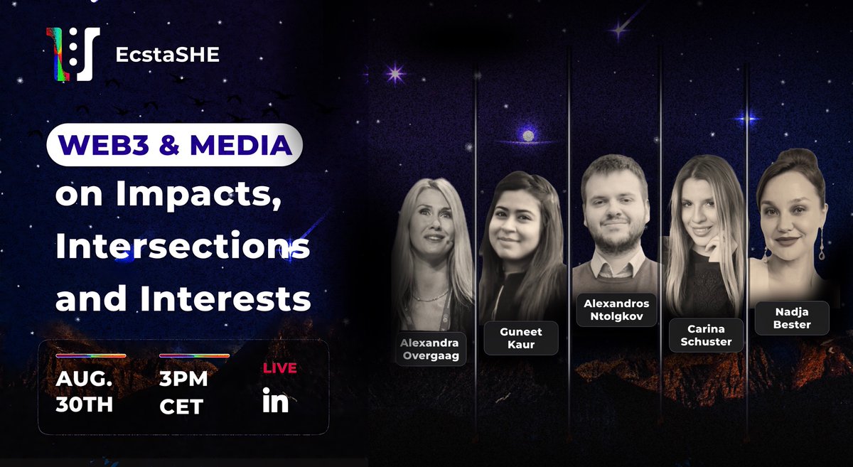 TODAY LIVE 3 PM CET: How are Web3 &amp; #media influencing each other? How will #Web3 break traditional outlets? And what about the role of $$$ in our sector?

🚀Join...
Alexandros Ntolgkov
<a href="/CarinaSchuster8/">Carina Schuster</a>
<a href="/AlexOvergaag/">Alexandra Overgaag</a> 
<a href="/NadjaBester/">Nadja Bester</a>
Guneet Kaur

🔥Tune in: 
linkedin.com/events/hustleh…