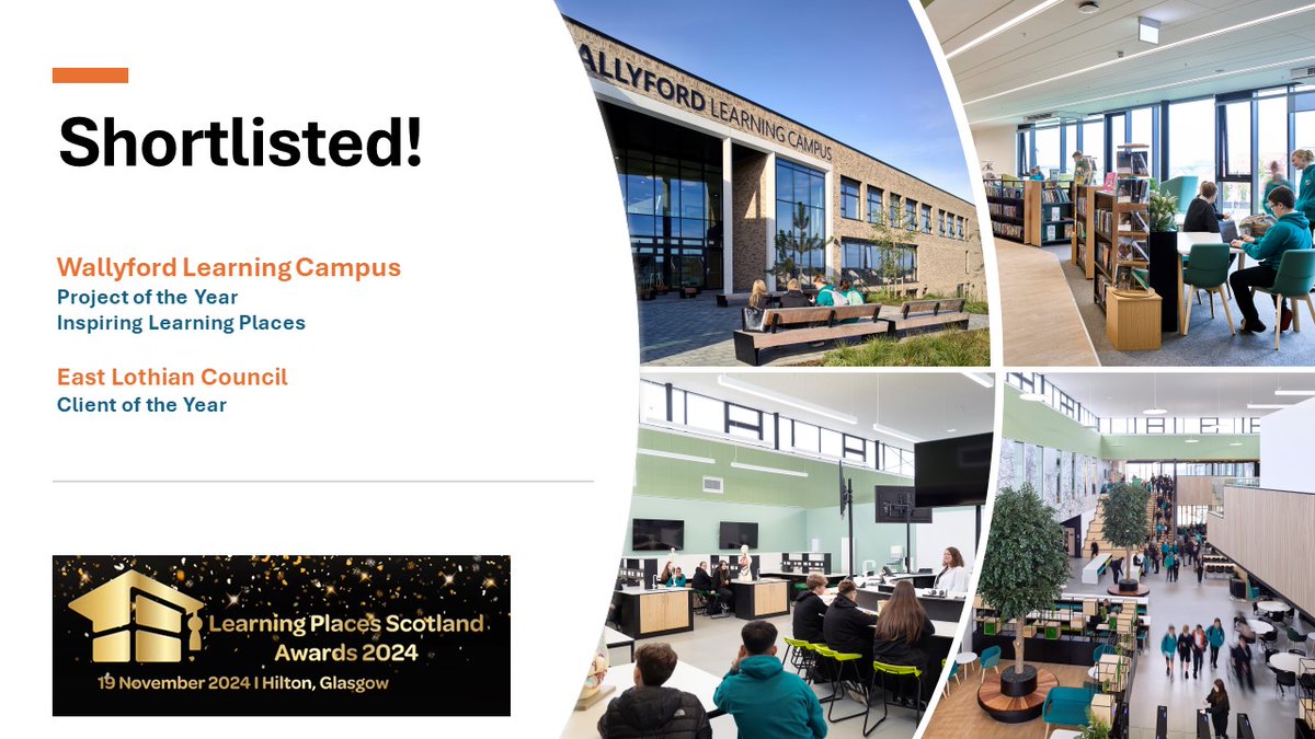 The new #WallyfordLearningCampus has been shortlisted in the <a href="/EduScotland/">Learning Places Scotland</a> Awards and our client <a href="/ELCouncil/">East Lothian Council - news and information</a> is up for #ClientOfTheYear. Congratulations to all those involved in delivering this fantastic project! 🤞 #InspiringLearningPlace #ProjectOfTheYear #Community #LEIP