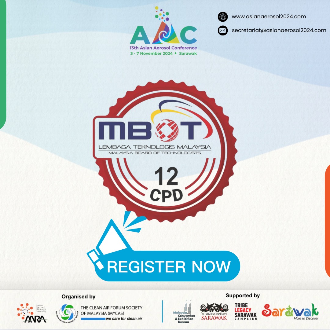 AAC_2024's tweet photo. Good News! AAC2024 has been approved for Malaysia Board of Technologies (MBOT) CPD Points! Join us for a rewarding learning experience at the 13th Asian Aerosol Conference (AAC2024).

MBOT CPD Points Claimable: 12 Points

Secure your spot today at https://t.co/qWDTQjzhXD https://t.co/INbPMDTiNx