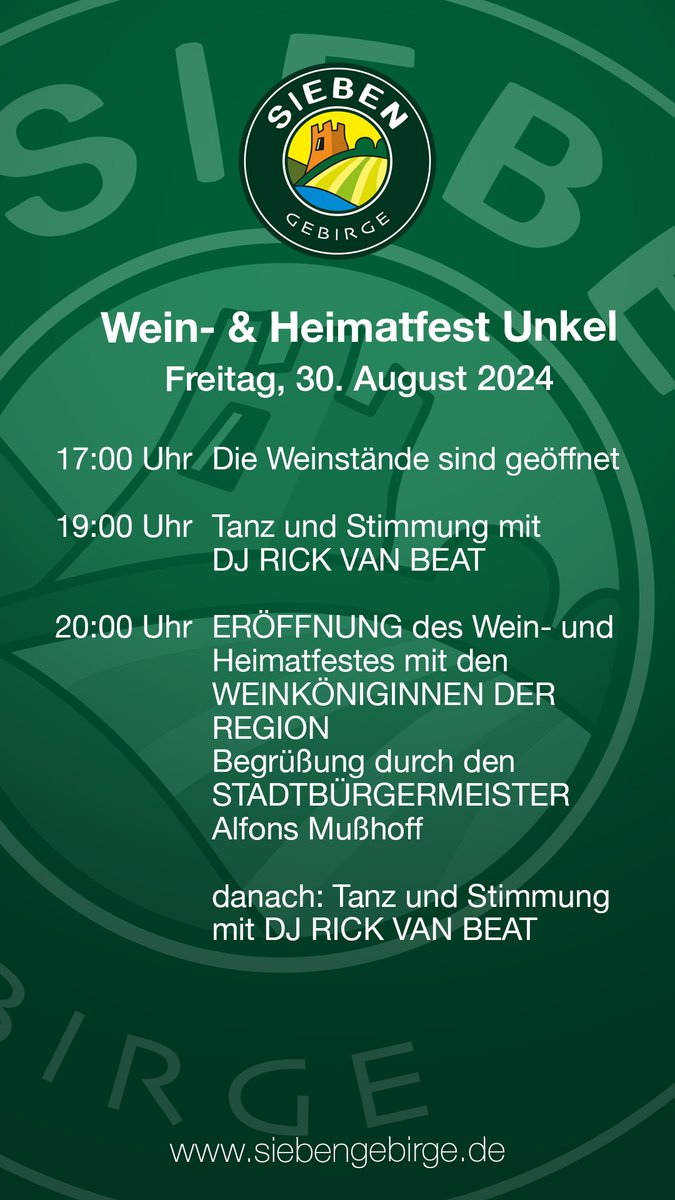 Das7Gebirge's tweet photo. Wein- & Heimatfest Unkel
30. August - 01. September 2024
Weitere Infos unter https://t.co/TuQWsSoe4m
Wir wünschen Ihnen viel Spaß …
Ihr Team der Tourismus #Siebengebirge GmbH
.
.
#weinfest #weinfestunkel #Wanderlust #Wanderland #Königswinter #Unkel #Wandern @regionbonn https://t.co/UfZTE0n0tk