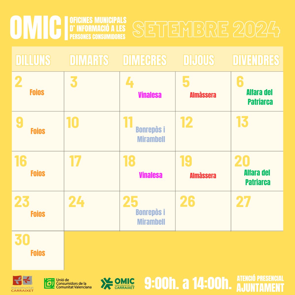 📆💼Torna la rutina i amb ella el nou calendari de l'Oficina Municipal d'Informació al Consumidor de la #MancomunitatdelCarraixet!

👉Si tens qualsevol dubte acudeix, t'ajudarem en el que necessites.

Demana la teua cita a través d'aquest enllaç 👇
consumidoresvalencia.org/mancomunitat-c…