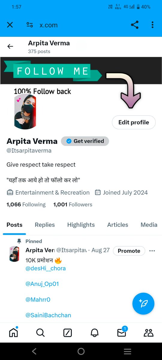 आज 1 हजार फॉलोवर्स होने की खुशी में सबको फॉलो बैक दूंगी जिसको फॉलो बैक नही मिला कमेंट कर दे।