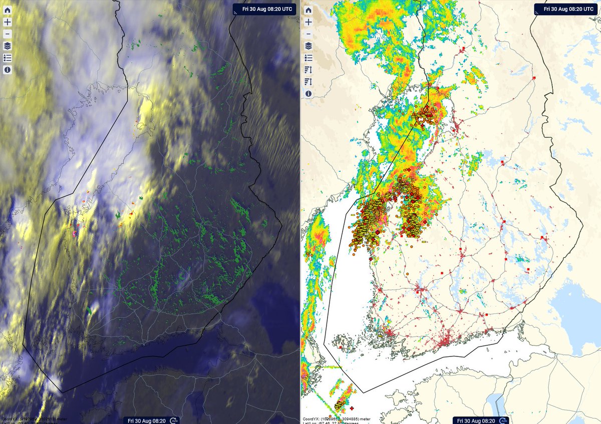 meteorologit's tweet photo. Voimakkaita ukkosia rankkasateineen ja salamointeineen (ei puuskia), ollut Pohjanmaan lakeuksilla. Ukkosia kannattaaa seurata säätutkalla, ja jos hellelukemissa ukkoset vyöryvät päälle maan länsiosassa tänään, huomenna idässä, voi esiintyä myös kovia puuskia. #sää #ukkonen https://t.co/NpY4vZ4GfV