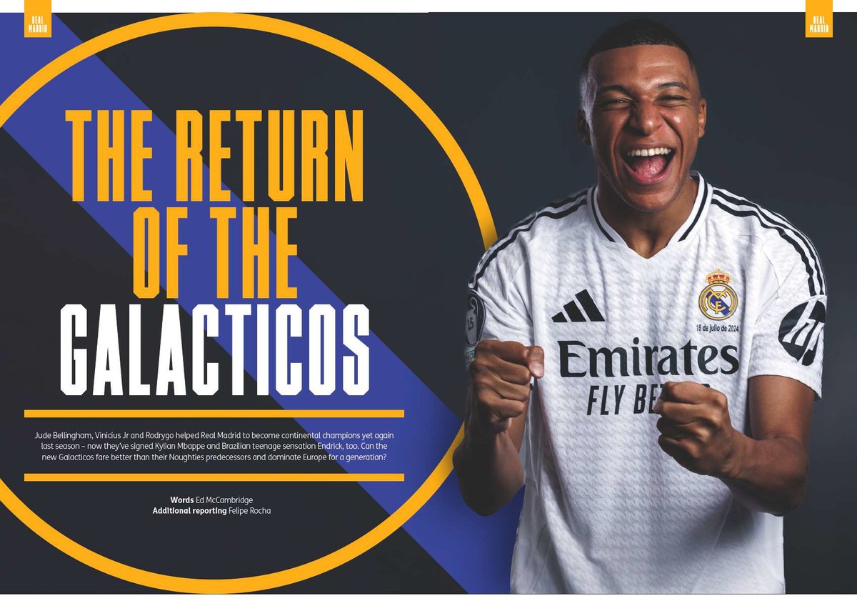 Always an honour to write the <a href="/FourFourTwo/">FourFourTwo</a> cover feature: The Return of Real Madrid's Galacticos ⚪️💸

Can Mbappe, Bellingham, Vini Jr, Rodrygo and Endrick dominate Europe for a generation? 🏆 September issue out in shops now.

🛒➡️ fourfourtwo.com/blogs/fourfour…