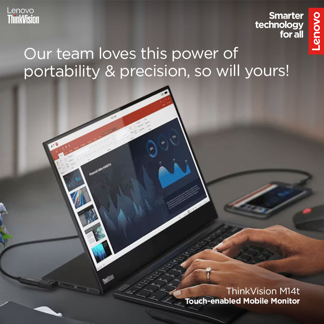 Lenovo_in's tweet image. Elevate your workflow with the ThinkVision M14t Gen 2 Touch Monitor. This compact yet powerful display offers exceptional image quality and intuitive touch controls, making it the ideal companion for professionals on the move.

#Lenovo #SmarterTechnology #ThinkVision