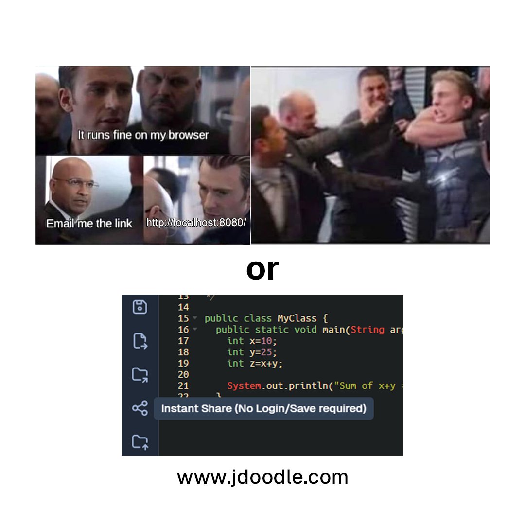 jdoodleide's tweet image. Avoid the fuss & share your code easily with JDoodle. Try it out today! 😉
.
.
.
#jdoodle #onlinecoding #softwaredevelopers