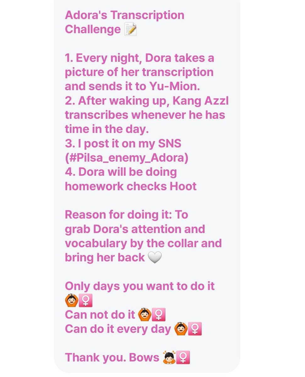 ADORA_base's tweet photo. Basically #Adora shared on her YoumeOn chat that she started hand writing transcriptions everyday to expand her vocabulary and attention span.
Gangazzis can use this hashtag to post their daily transcription challenge #필사_적인_아도라 and you'll get a Dora stamp of approval ! https://t.co/H1fK4vvckv