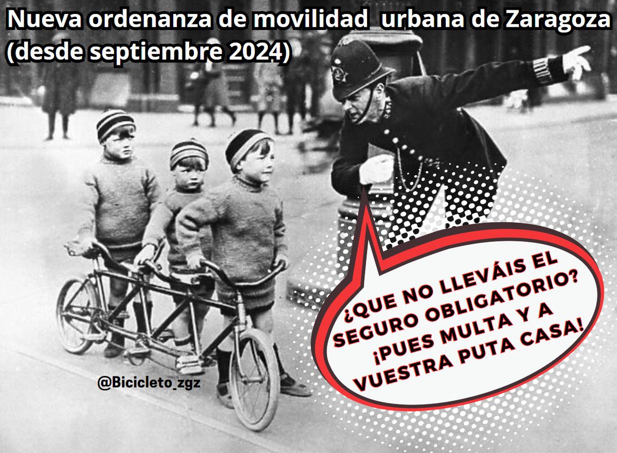 La primera semana de sept./2024 entra en vigor la nueva Ordenanza de Movilidad Urbana del <a href="/zaragoza_es/">AyuntamientoZaragoza</a> que obliga a cualquier persona sobre una bicicleta a portar seguro obligatorio. Único municipio de Europa. Un verdadero atentado a la razón.
📑 zaragoza.es/sede/servicio/…