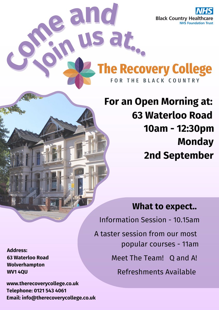 The Recovery College (@recoverycolleg3) on Twitter photo Learn more about The Recovery College at our Open Days next week!
Join us in
Wolverhampton: 63 Waterloo Rd, WV1 4QU, Mon 2nd Sept, 10am-12.30pm
or
Sandwell: Quayside House, Oldbury, B69 2DG, Wed 4th Sept, 2pm-4.30pm
For access needs, please email info@therecoverycollege.co.uk. Learn more about The Recovery College at our Open Days next week!
Join us in
Wolverhampton: 63 Waterloo Rd, WV1 4QU, Mon 2nd Sept, 10am-12.30pm
or
Sandwell: Quayside House, Oldbury, B69 2DG, Wed 4th Sept, 2pm-4.30pm
For access needs, please email info@therecoverycollege.co.uk.