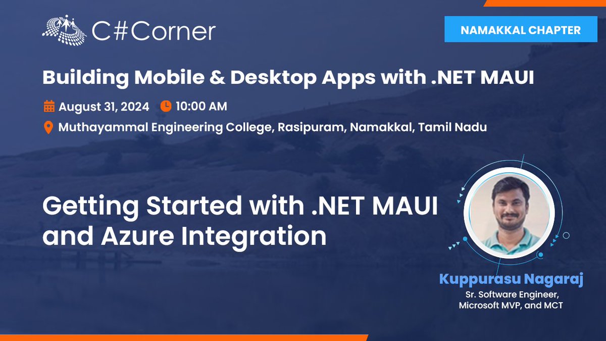 Mark your calendars for August 31! <a href="/kuppurasu360/">Kuppurasu Nagaraj (MVP)</a> will be at <a href="/CsharpCorner/">C# Corner</a> Namakkal Chapter Meet to share insights on .NET MAUI and Azure Integration.

Register now: tinyurl.com/5n6s8vbd

#DOTNET #dotnetmaui #MobileApps #Techevent