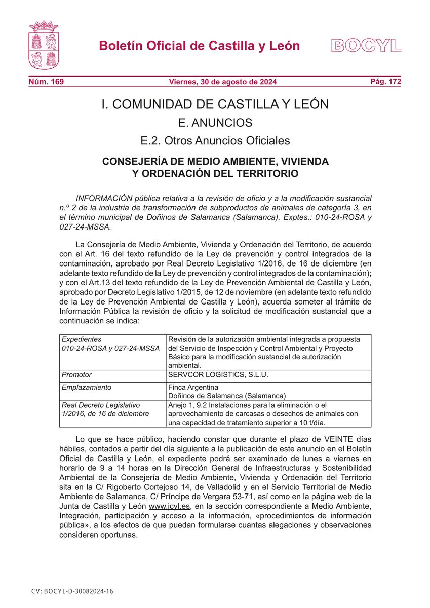 BOCYL_'s tweet photo. 🏛 CONSEJERÍA DE MEDIO AMBIENTE, VIVIENDA Y ORDENACIÓN DEL TERRITORIO

📰 INFORMACIÓN pública relativa a la revisión de oficio y a la modificación sustancial n.º 2 de la industria de transformación de subproductos de animales de categoría 3, en el t...

📎 https://t.co/3IApt181V0 https://t.co/mnGypZwk45