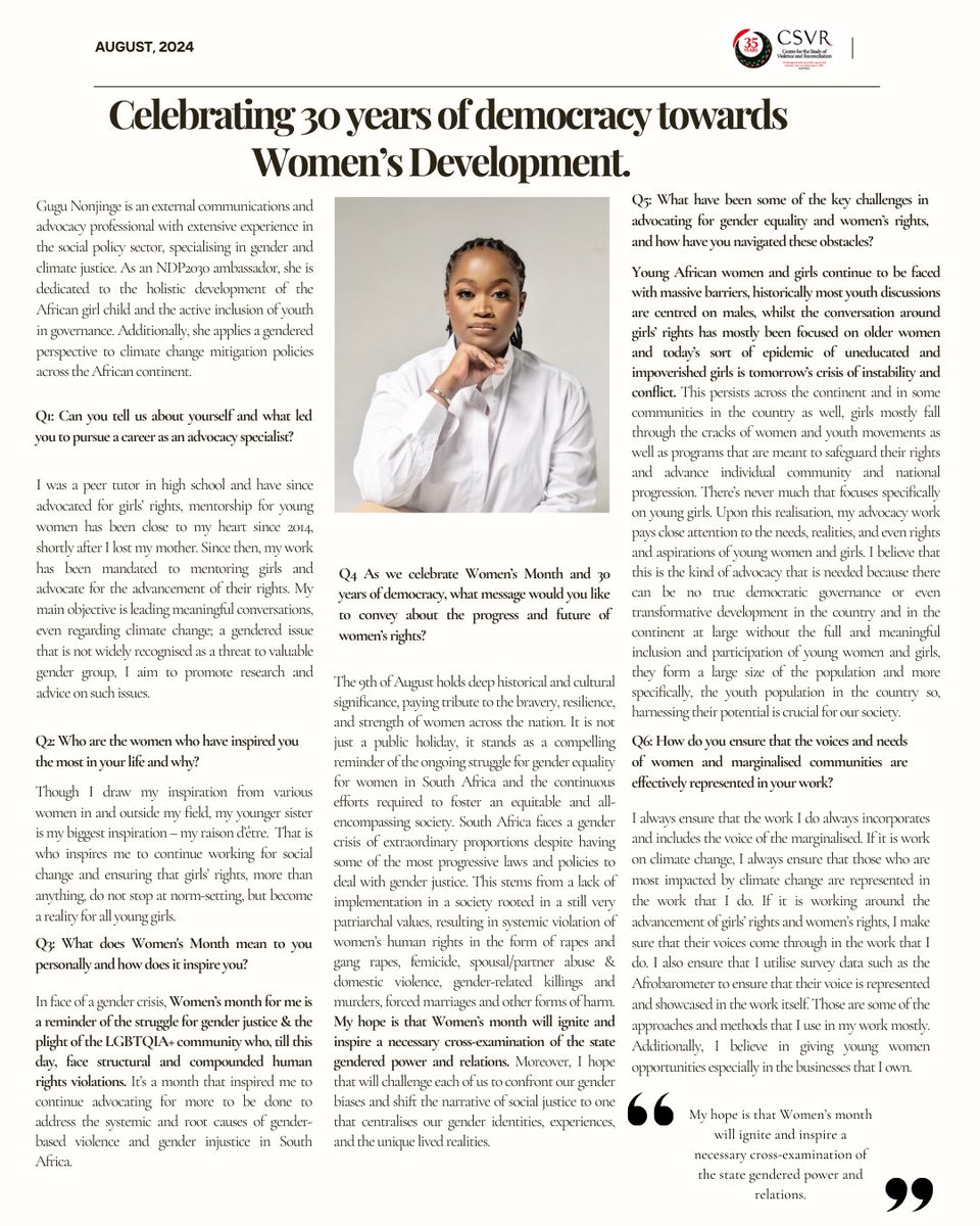 _CSVR's tweet photo. In this latest article, she shares her journey into advocacy, the women who inspire her, and her reflections on Women’s Day. She also discusses her work advancing women’s rights and amplifying marginalised voices.

#CSVR35 #WomensMonth https://t.co/MXXgWNmD4M
