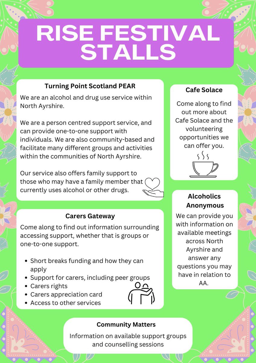 2 weeks to go until North Ayrshires first alcohol free event! 

Here is more information on what organisations will be in attendance and what support they can offer you☺️

<a href="/NAyrshirePEAR/">Turning Point Scotland North Ayrshire P.E.A.R</a> <a href="/MINDS333/">Minds Of Recovery</a> <a href="/FreedUpEvents/">Freed Up</a>