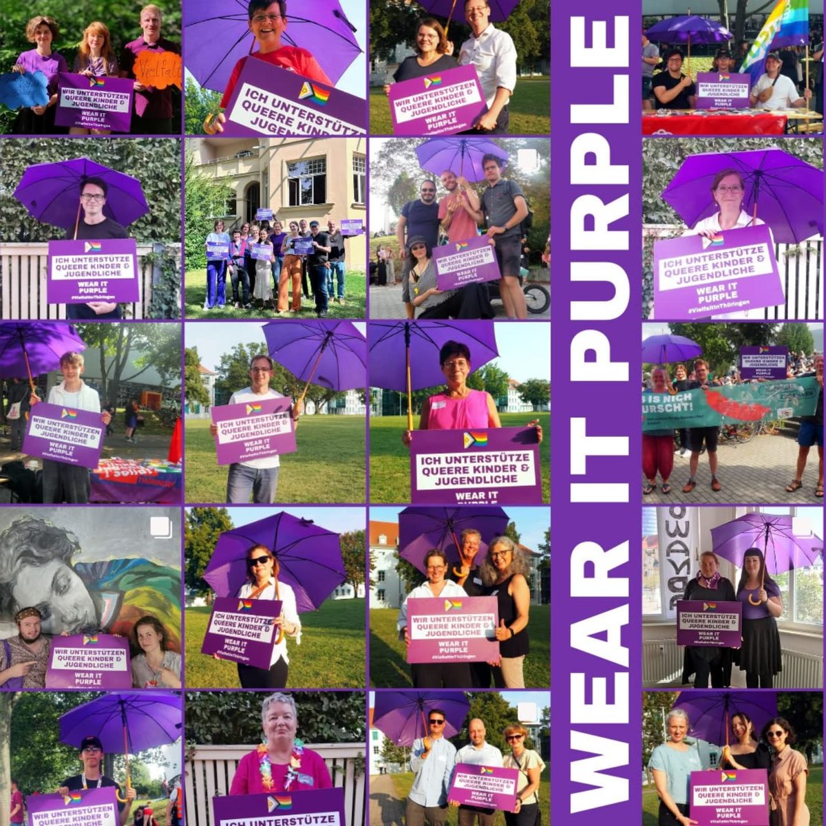 Der Wear it Purple Day wurde 2010 ins Leben gerufen und wird jedes Jahr am letzten Freitag im August durchgeführt. Am Wear it Purple Day tragen queere Menschen und ihre Verbündeten lila Oberteile, um auf Mobbing gegen queere Jugendliche in Schulen aufmerksam zu machen.