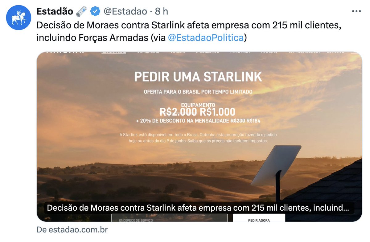 Ao bloquear as contas da Starlink para afetar pessoalmente Elon Musk, Alexandre de Moraes afetou diretamente mais de 200 mil brasileiros e inclusive as Forças Armadas. Segundo uma nota do Ministério da Defesa, o Starlink é o principal (na prática, o único) sistema de comunicação