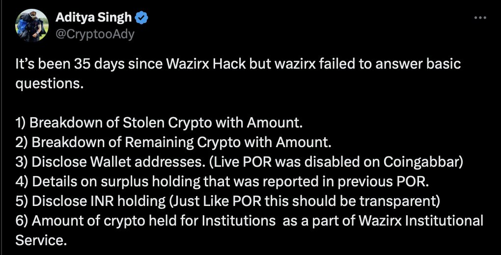 <a href="/simplykashif/">Kashif Raza</a> <a href="/binance/">Binance</a> Those 149 crore are also user funds. It's mentioned in the affidavit - which I think you forgot to mention. 

You should also start asking Nischal about the transparency report - if you care about the users (A few have been answered via Addifavit but other important ones are