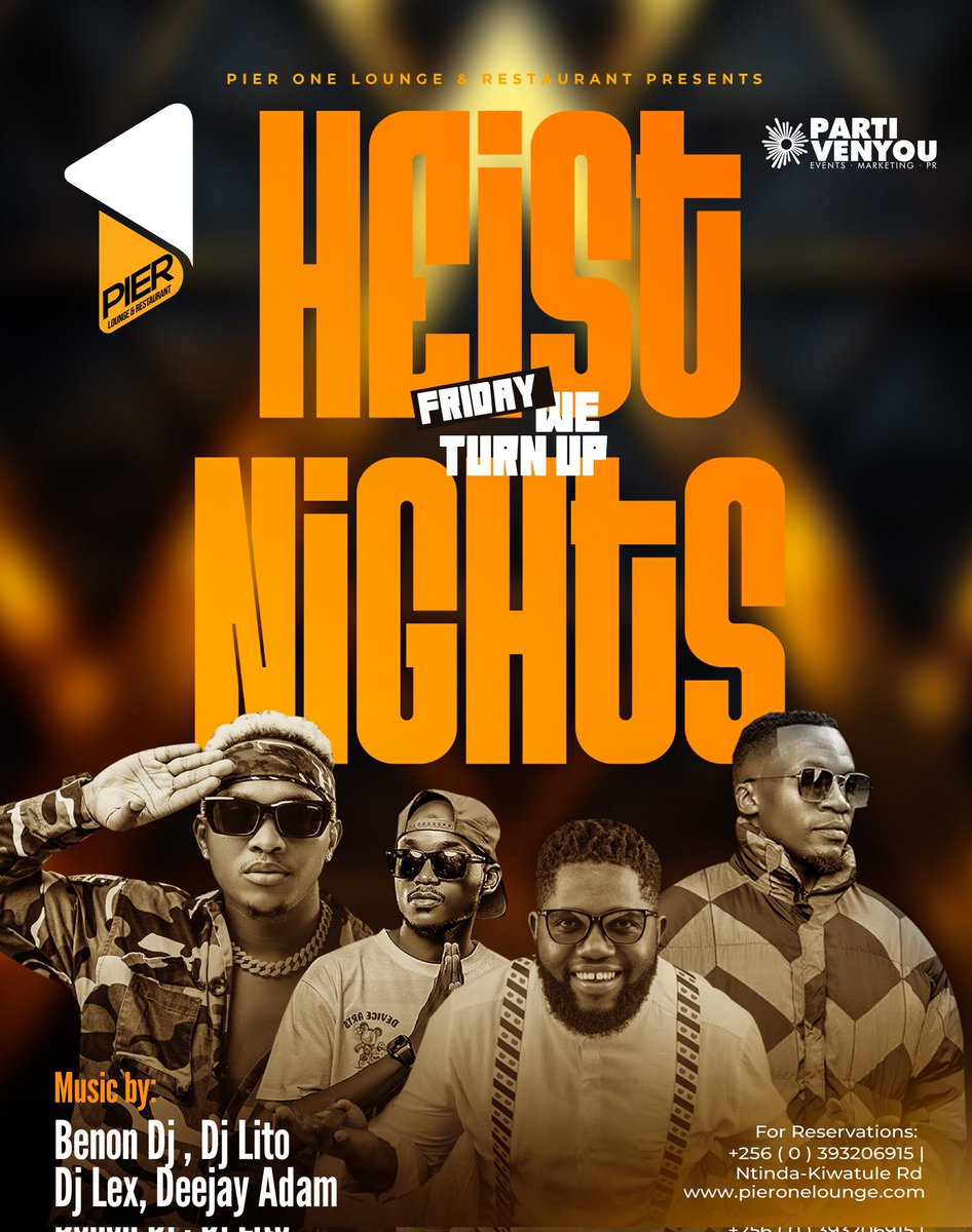MushroomInc's tweet photo. #TGIFPlot: Kick off your weekend at @Pier1_Ntinda’s #HeistNights! Dance the night away to the hottest beats with @Benondeejaywa, @djlitoug, @Lexdjug, and DJ Adam. https://t.co/dccrREZywo