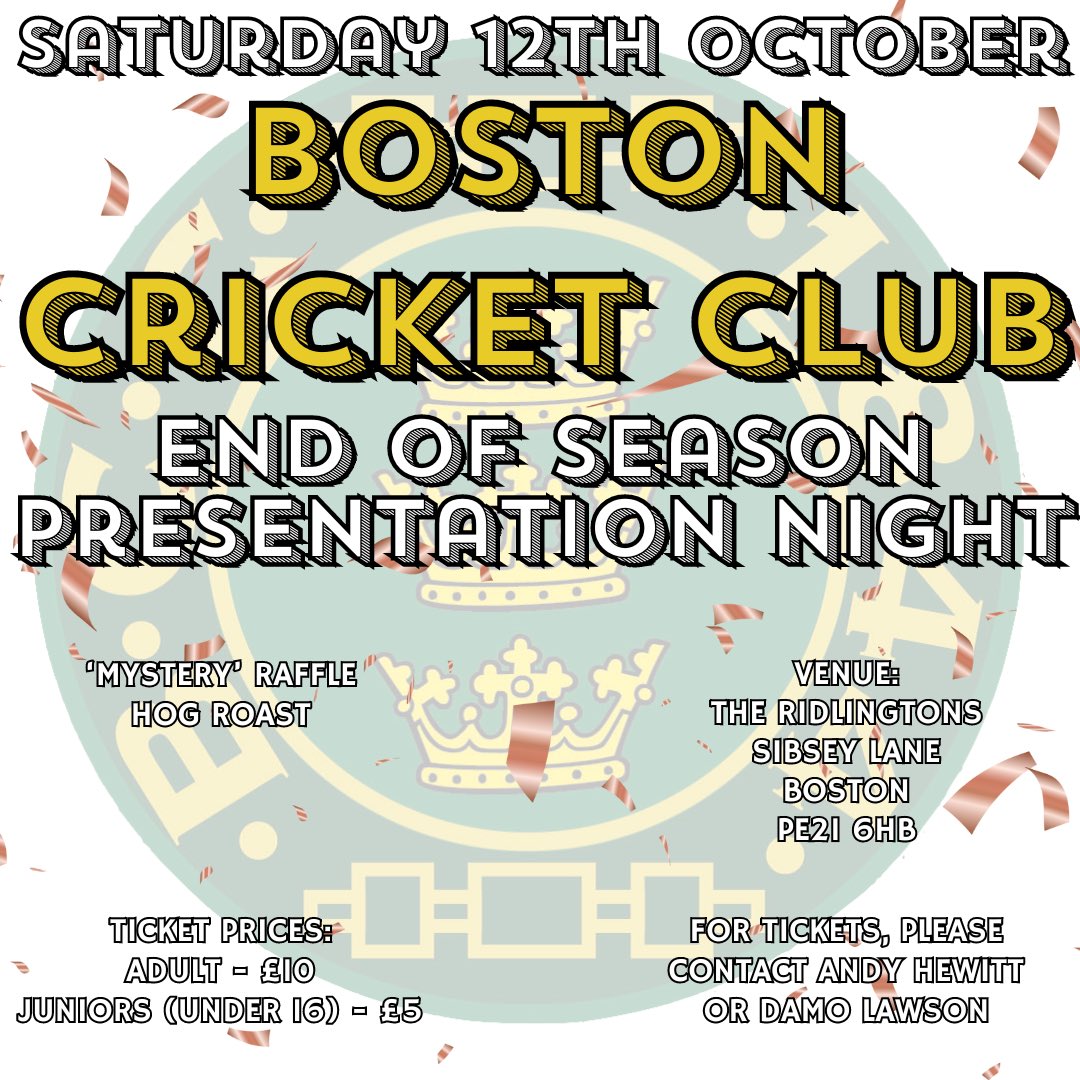 It’s that time of year again where we are organising our End of Season Presentation Night which takes place on Saturday 12th October.

If you would like tickets, please contact <a href="/andrewhewitt01/">Andrew Hewitt</a> or <a href="/damolawson/">Damo Lawson</a>