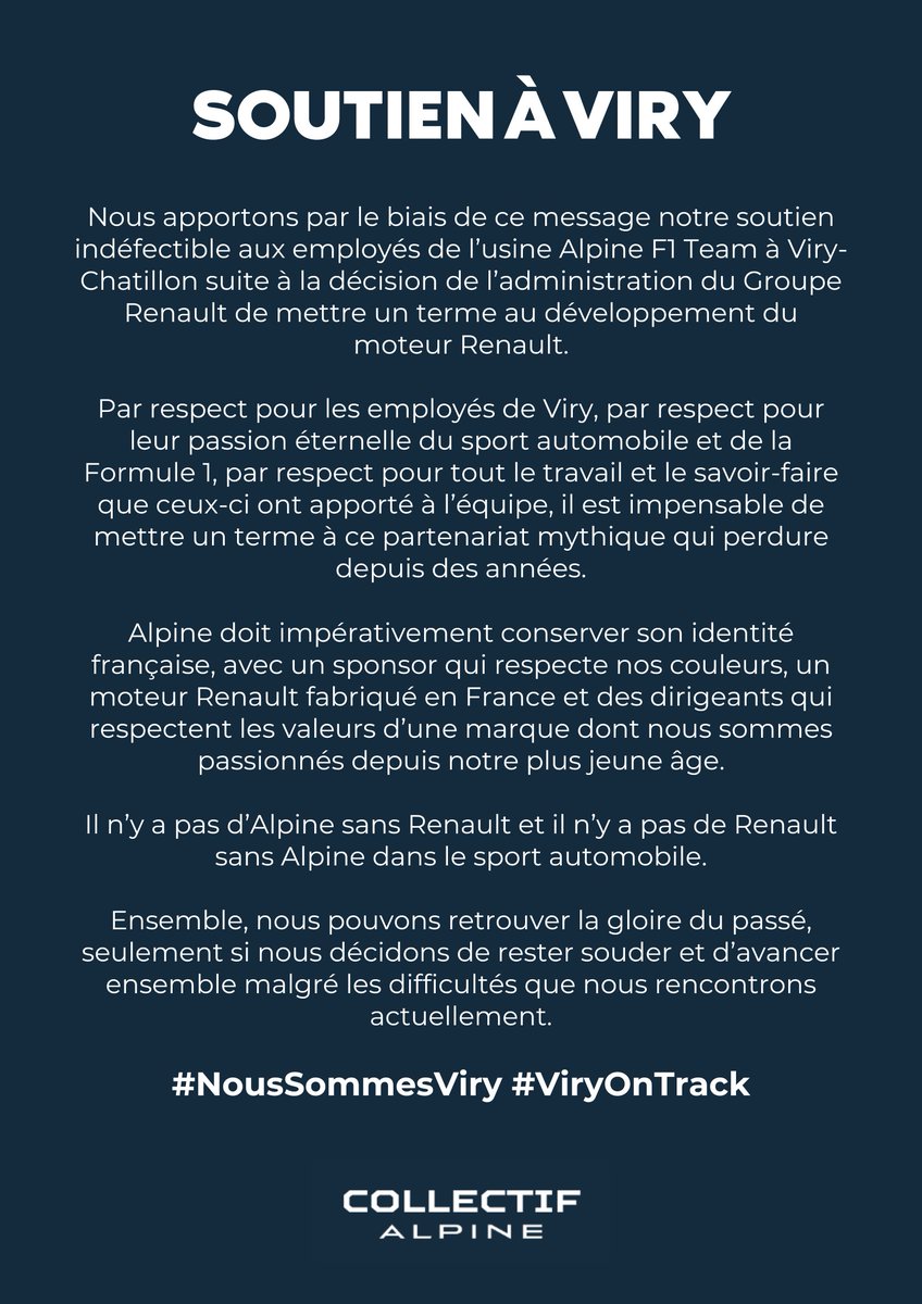 Message adressé aux employés de Viry-Châtillon ainsi qu'à l'administration du Groupe Renault

Nous comptons sur tout les fans d'Alpine pour relayer ce message d'une extrême importance. 💪

Celui-ci porte la voix des employés ainsi que des milliers de supporters qui refusent de