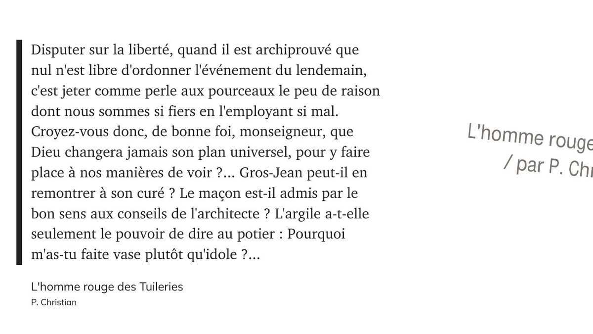 R4IIVI's tweet photo. "Disputer sur la liberté, quand il est archiprouvé que nul n'est libre d'ordonner l'événement du lendemain, c'est jeter comme perle aux pourceaux le peu de raison dont nous sommes si fiers en l'employant si mal [...]" via @readwise https://t.co/UQJ1Qc1iJt