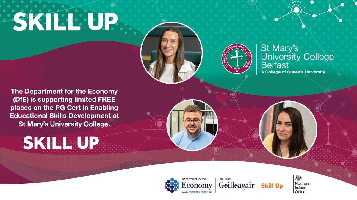 St Mary's in partnership with @economy_ni is offering FREE places on the SKILL UP PG Cert in Enabling Educational Skills Development.
For more information &amp; to APPLY ➡️stmarys-belfast.ac.uk/about-us/skill…