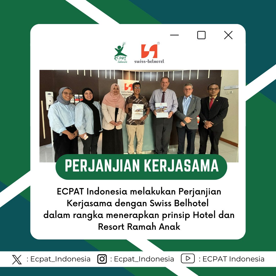 ECPAT Indonesia dan Swiss-Belhotel International resmi menjalin kerjasama pada tanggal 26 Agustus 2024. Kerjasama ini dilakukan untuk memajukan pariwisata yang ramah anak dan 100% bebas dari eksploitasi seksual anak. 🌍✨ Bersama, kita ciptakan dunia di mana setiap anak bisa