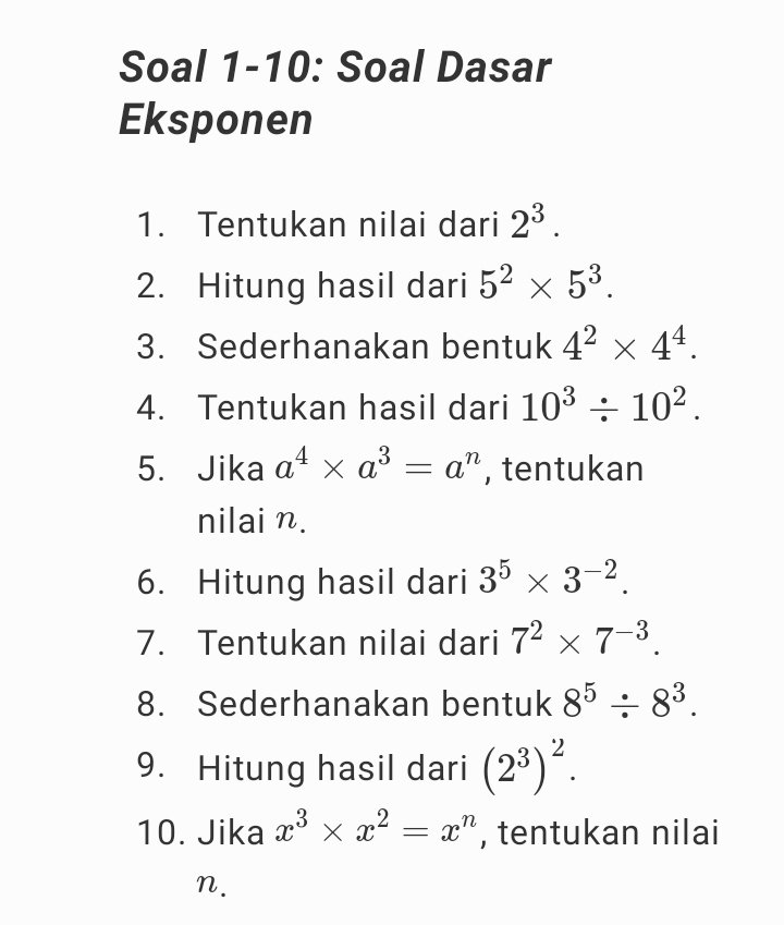 fairysenduka's tweet photo. ˖⋆࿐໋ ✦۟    ࣭   ⊹ㅤ𝜗𝜚 50 Latihan Soal Eksponen ( matdas ). 

#studytwt #AMBISVERSE #snbt2025 https://t.co/mg02484eAO
