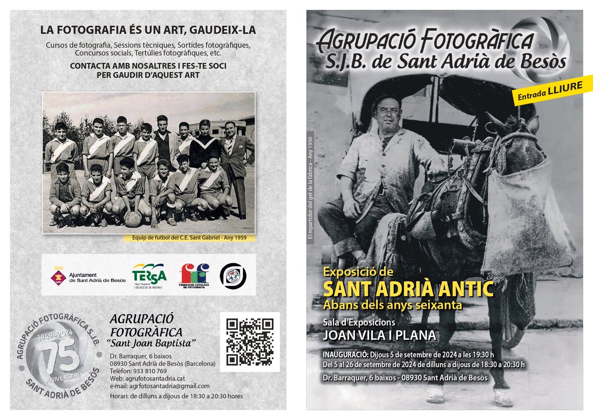 afsantadria's tweet photo. Hola!
Com cada any al mes de setembre i coincidint amb les festes de la nostra ciutat, inaugurem l'exposició Sant Adrià antic.
Ens veiem aquest dijous dia 5 a les 19:30h!
#festamajorsab2024 #santadria #fotografia https://t.co/4TZU3bkx2A