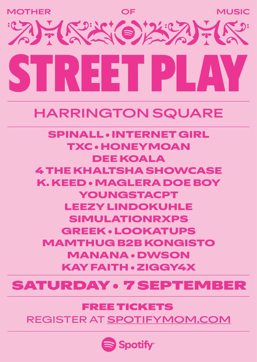 4 The Khaltsha Showcase Stage at <a href="/SpotifyAfrica/">Spotify Africa</a> Mother Of Music headlined by me 👑 

curated by <a href="/Section9Africa/">Section 9 Africa</a>, <a href="/DeeKoala_/">Dee Koala</a> &amp; <a href="/leo_lobelo/">Oarabile Lobelo</a> 

featuring guest performances by <a href="/MagleraDoeBoy/">Maglera Doe Boy</a>, <a href="/GREEKTARANTINO/">GREEK.</a>, <a href="/KKeed_/">K.Keed</a>, <a href="/YoungstaCpt/">$LIM Y?OUNG</a>, <a href="/Leezylindokuhle/">Queen Don</a>, <a href="/SimulationRxps/">SimulationRxps</a> &amp; <a href="/LOOKATUPS/">Son of Joy</a>