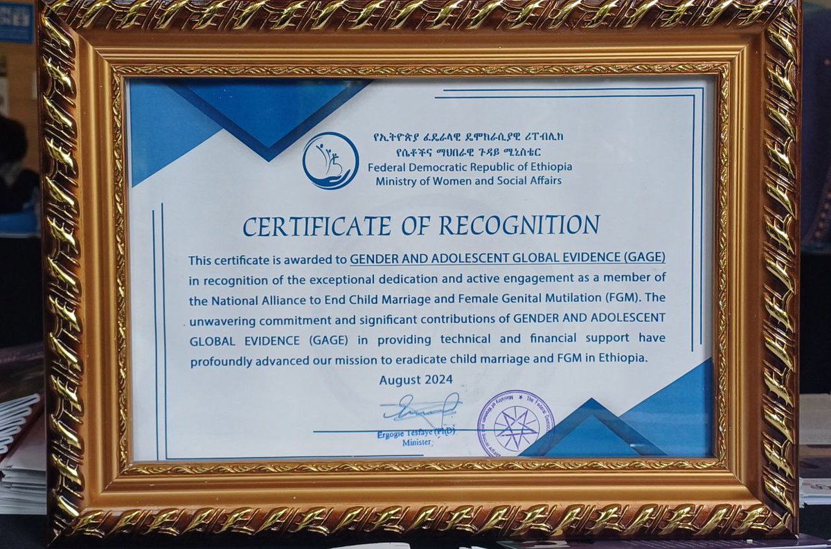 kasishmar's tweet photo. An award from @MOWSA to @GAGE_programme  - in recognition of its exceptional dedication and active engagement as member of the National Alliance to end CM and FGM. Well Deserved!
 @njones_gage @alulapan @Tassew18 @abebe_workneh @RedietDaniel6 https://t.co/KdTAG98ZvM