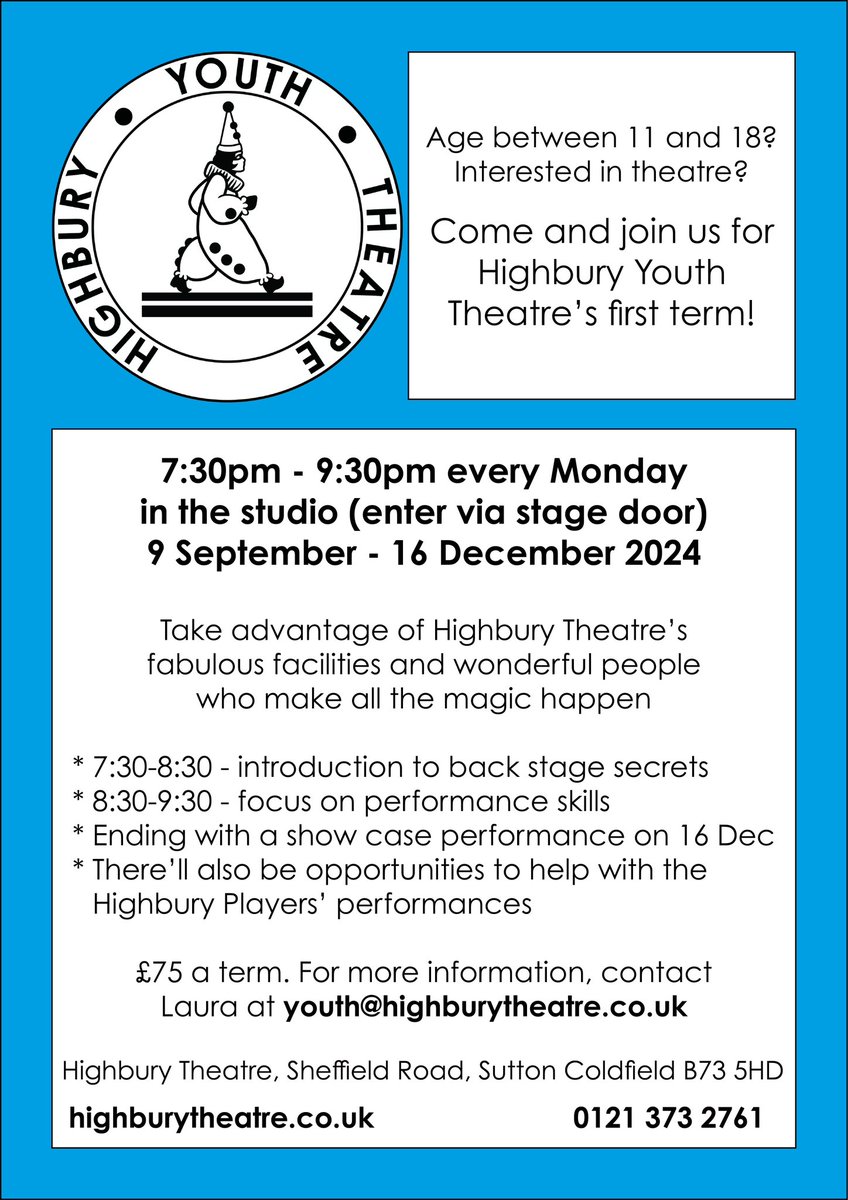 We're launching our new youth theatre! For young people age 11 to 18 who are interested in any aspect of theatre. Come along to our open day on Sunday, 1st September to meet the group leaders from 1pm to 3pm and find out more.