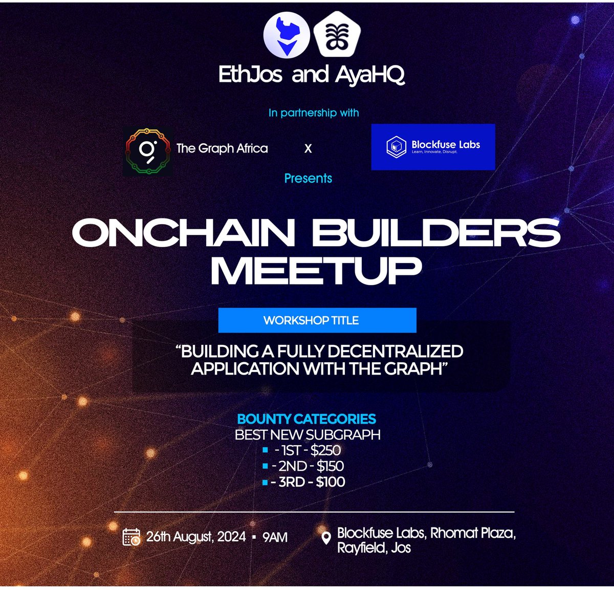 EthJos_'s tweet photo. On Monday, 26th August, we in partnership with @ayahq_ organised Jos' first Onchain Builders Meetup in partnership with @blockfuselabs and @graphprotocol.

And guess what? It was fabulous.

Here’s the lowdown 👇🏽👇🏽👇🏽

#JosBuidlIt
#Web3InJos https://t.co/oYAjyKfBA5