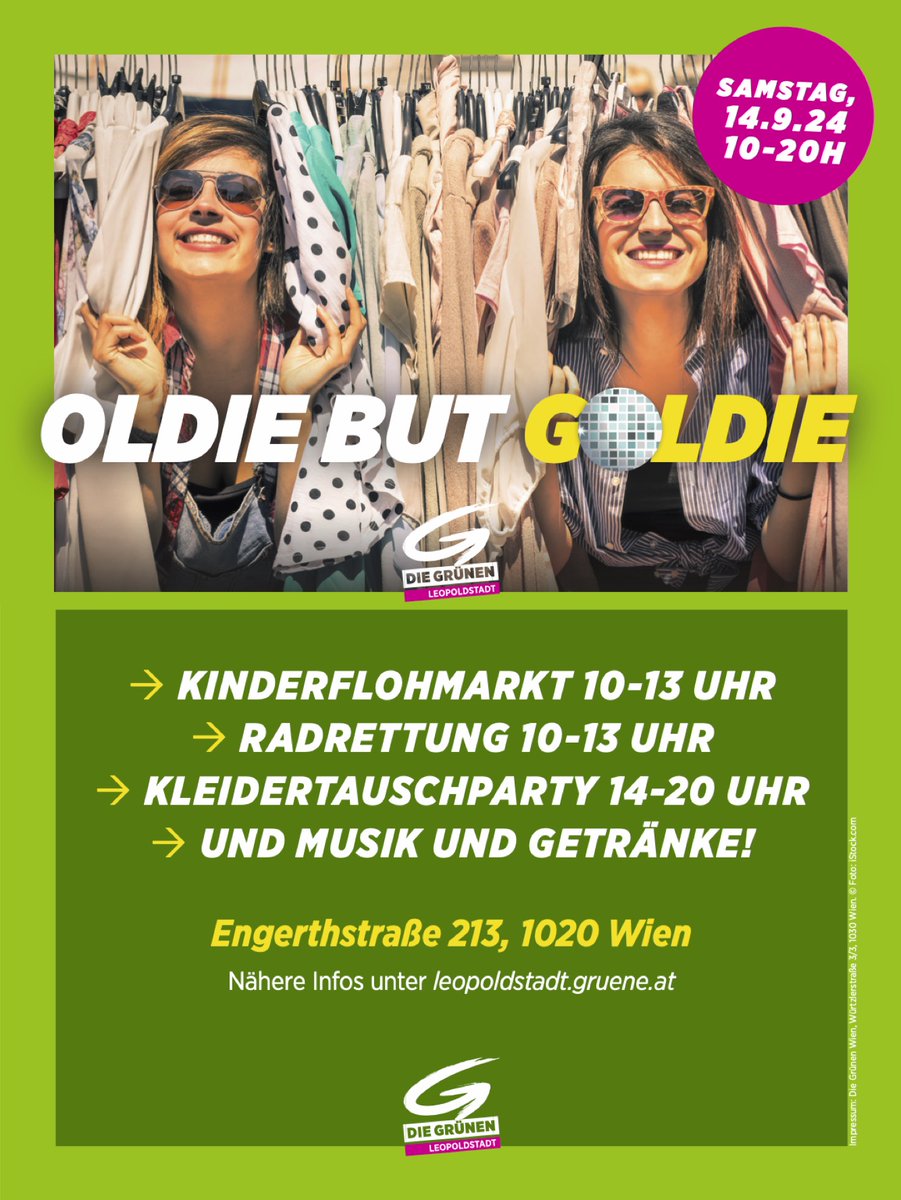 grueneleo's tweet photo. Save the date! Volles Programm am Samstag, 14.9. ab 10 Uhr mit 
🧸einem Kinderflohmarkt
🚲einer Radrettung
🩳einer Kleidertauschparty
Wo? In der Engerthstraße 213, 1020 Wien https://t.co/FU6a6cDZ27