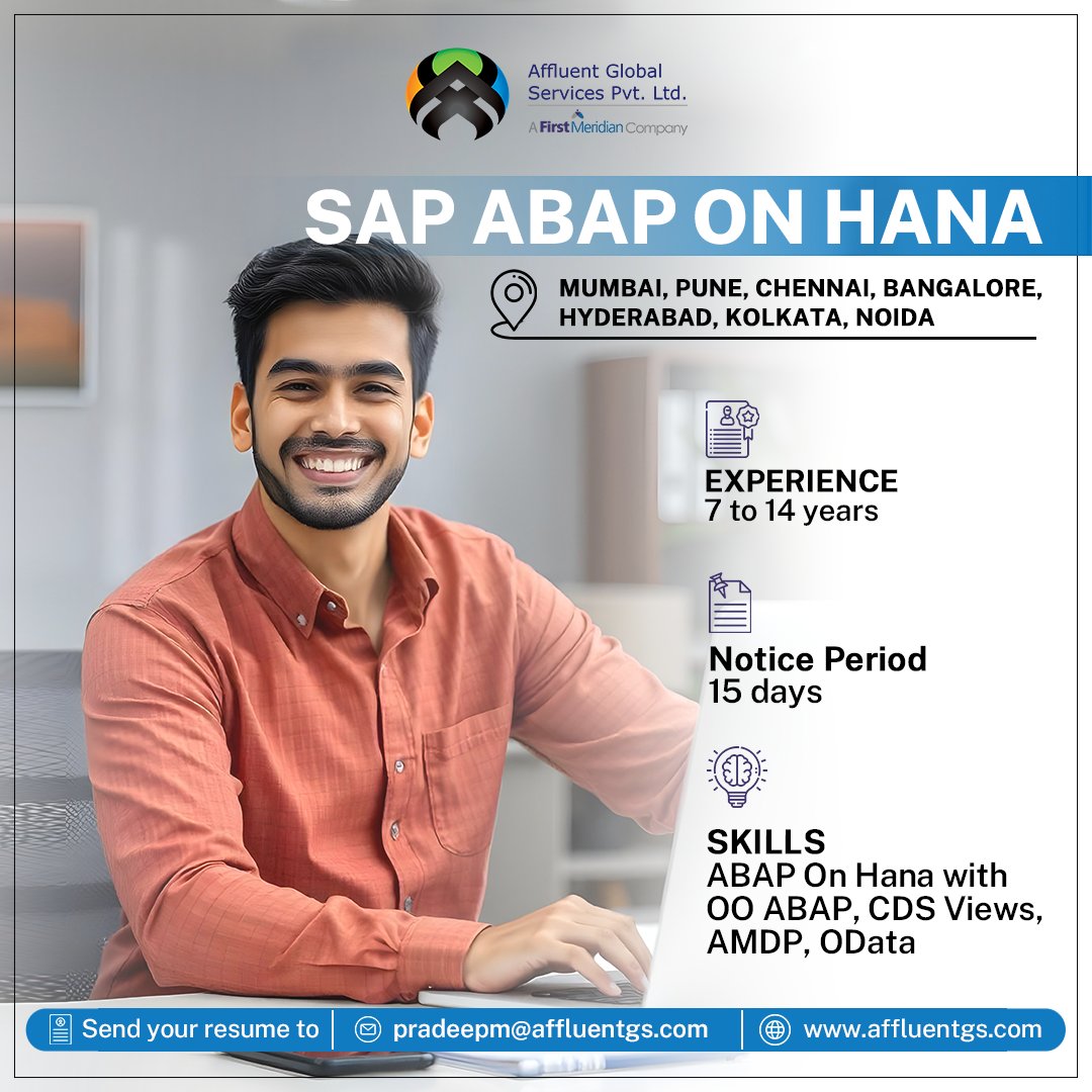 AffluentGlobal's tweet image. We're hiring SAP ABAP on HANA professionals! If you're ready for a new challenge, apply now at pradeepm@affluentgs.com.
-
#SAPABAP #SAPHANA #CareerOpportunities #HiringNow #AGS