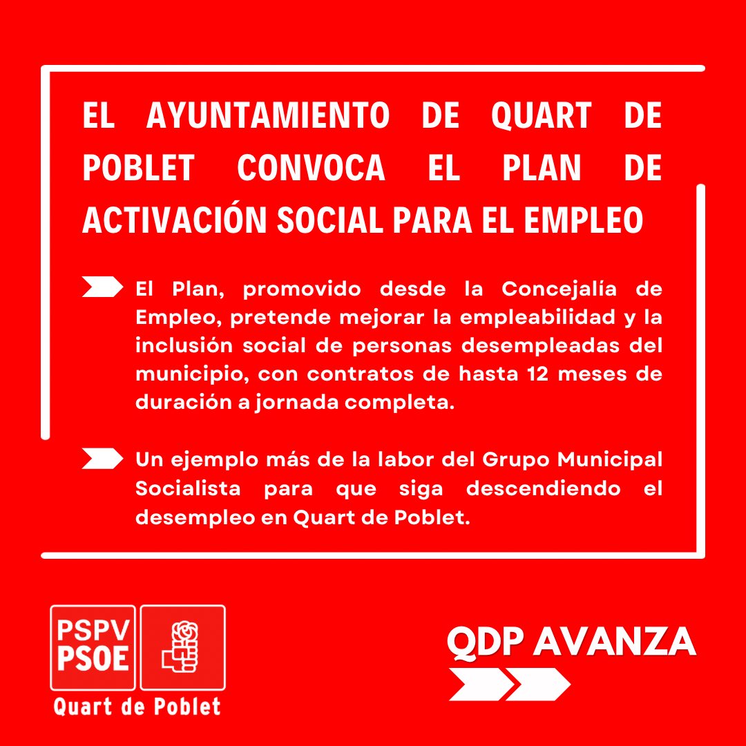 🌹 Un ejemplo más de la labor del Grupo Municipal Socialista para que siga descendiendo el desempleo en Quart de Poblet.

📝 Solicitudes del 3 al 16 de septiembre por registro de entrada en la sede electrónica del Ayuntamiento o presencialmente en Plaça del Pais Valencià, 1.

2/2