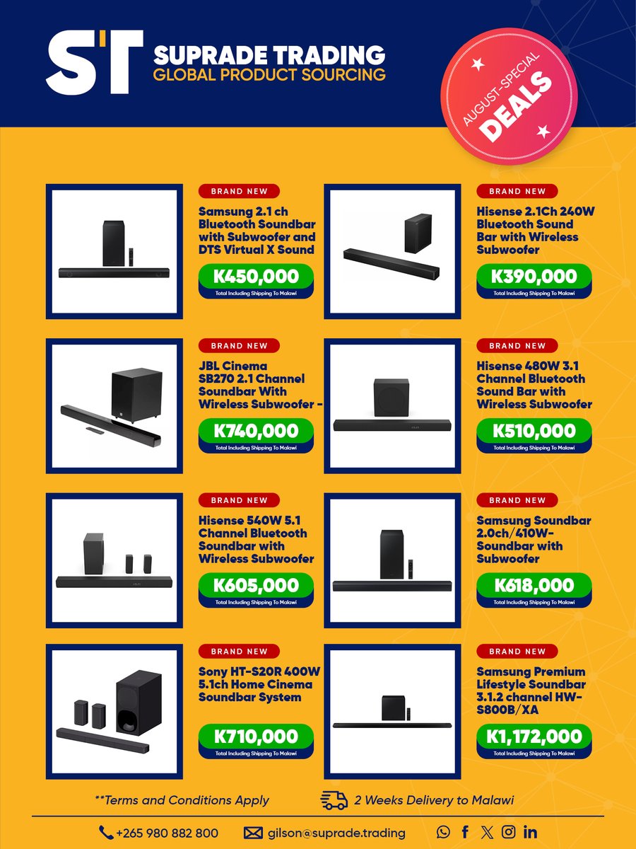 suprademw's tweet photo. Score unbeatable home entertainment deals with Suprade! 🎉📺 TVs and Soundbars available now. 

Join our WhatsApp group and be the first to know about our amazing offers and discounts throughout August.

https://t.co/7MZoeGQ9kL

#SupradeTrading #GlobalProductSourcing https://t.co/GU0QBf3IJB