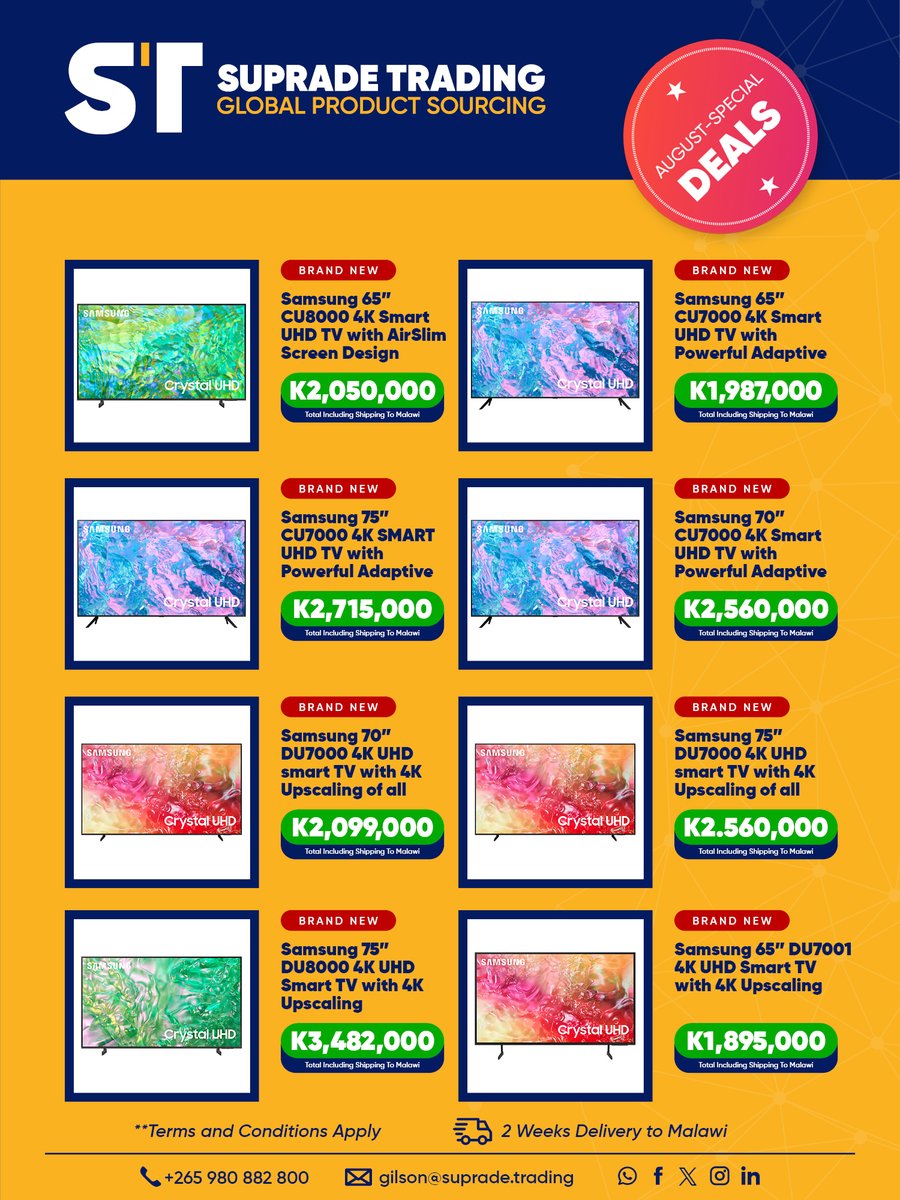 suprademw's tweet photo. Score unbeatable home entertainment deals with Suprade! 🎉📺 TVs and Soundbars available now. 

Join our WhatsApp group and be the first to know about our amazing offers and discounts throughout August.

https://t.co/7MZoeGQ9kL

#SupradeTrading #GlobalProductSourcing https://t.co/GU0QBf3IJB