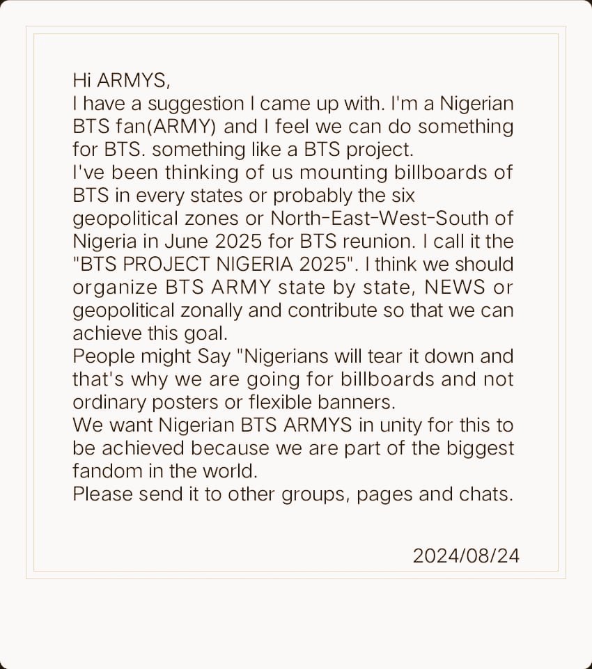 BPN_2025's tweet photo. Calling on Nigeria 🇳🇬 Armys
#NigerianArmys
#westandwithbts
#BTSforever
#BTSNigeriaproject https://t.co/1isxAUs1hz