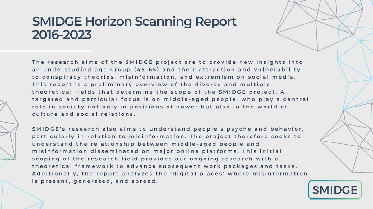 We’re thrilled to share <a href="/LaStatale/">Università degli Studi di Milano</a>'s SMIDGE Horizon Scanning Report (2016-2023), exploring how political, social and technological forces converge to fuel #misinformation. A must-read for those concerned about #democracy and digital age challenges:
buff.ly/3Z3InEv