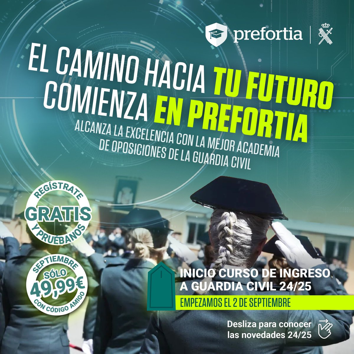 Prefortia's tweet photo. 🧭 ¡𝐄𝐥 𝐜𝐚𝐦𝐢𝐧𝐨 𝐡𝐚𝐜𝐢𝐚 𝐭𝐮 ���𝐮𝐭𝐮𝐫𝐨 𝐜𝐨𝐦𝐢𝐞𝐧𝐳𝐚 𝐞𝐧 𝐏𝐫𝐞𝐟𝐨𝐫𝐭𝐢𝐚!

Arrancamos YA nuestros nuevo Curso de Ingreso 24/25 🖱️ Puedes 𝐩𝐫𝐨𝐛𝐚𝐫 𝐭𝐨𝐭𝐚𝐥𝐦𝐞𝐧𝐭𝐞 𝐠𝐫𝐚𝐭𝐢𝐬 en el enlace de la BIO de Instagram.

📩 A partir de las 12:00 horas recibirás en tu email, las claves de acceso del curso que te llevará alcanzar tu sueño. 🏁 Entra y prueba.

💻 El inicio del curso es el lunes 2 de septiembre, pero desde que recibas tus claves de acceso podrás familiarizarte con los contenidos de nuestra Plataforma, la más avanzada del mercado.

Descubre todas las novedades que vas a tener 👇🏻
🔄 Curso Híbrido de Ingreso 24/25: accede GRATIS con tu usuario a distintos cursos y al Curso de Inglés SLP - Cambridge
📝 Más de 40.000 preguntas de test desde el primer día
👥 Atención al alumno y Acción Tutorial 24/7, ¡con nuevos mentores!
🇪🇸 Tour Prefortia: continuamos con simulacros presenciales y pruebas físicas por toda España
🕹️ Revolucionario modo leyenda: una experiencia inmersiva en el Aula Virtual
📗 Nuevo Audiolibro de nuestro libro resumen
🆓 Acceso gratuito a los meses anteriores

Pruébanos GRATIS durante 7 días antes de decidirte por ninguna academia, sin datos bancarios ni tarjetas. 👏🏻

👌🏻 𝐀𝐥𝐜𝐚𝐧𝐳𝐚 𝐥𝐚 𝐞𝐱𝐜𝐞𝐥𝐞𝐧𝐜𝐢𝐚 𝐜𝐨𝐧 𝐥𝐚 𝐦𝐞𝐣𝐨𝐫 𝐚𝐜𝐚𝐝𝐞𝐦𝐢𝐚 𝐝𝐞 𝐨𝐩𝐨𝐬𝐢𝐜𝐢𝐨𝐧𝐞𝐬 𝐝𝐞 𝐥𝐚 𝐆𝐮𝐚𝐫𝐝𝐢𝐚 𝐂𝐢𝐯𝐢𝐥. ¡Únete a Prefortia! 💚