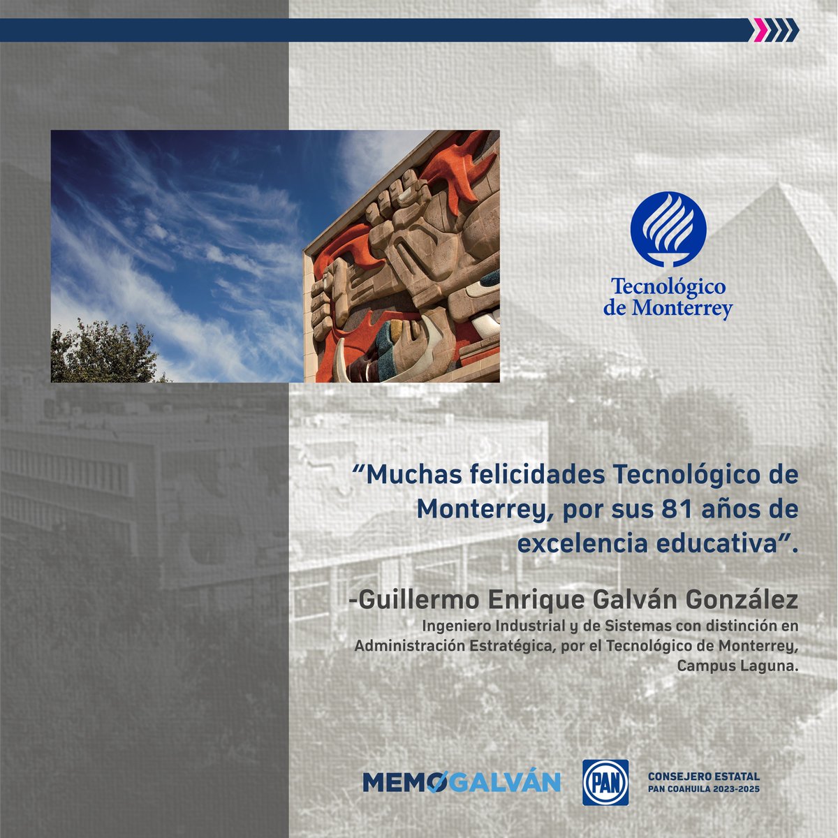 memogalvanmx's tweet image. Te invito a festejar los 81 años de mi Alma Mater, el
Tecnológico de Monterrey, el cual fue fundado el 6 de
septiembre de 1943:

Muchísimas felicidades Tecnológico de Monterrey.
@TecdeMonterrey 

#TecnológicoDeMonterrey #EXATEC
#TodxsSomosMexicanxsDePrimera #PAN @AccionNacional