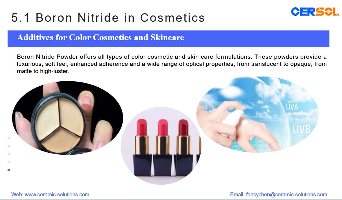 ChenChe11283297's tweet photo. Boron Nitride Powder offers all types of color cosmetic and skin care formulations. These powders provide a luxurious, soft feel, enhanced adherence and a wide range of optical properties, from translucent to opaque, from matte to high-luster.

#BoronNitride #CosmeticInnovation https://t.co/DePvB12PG9