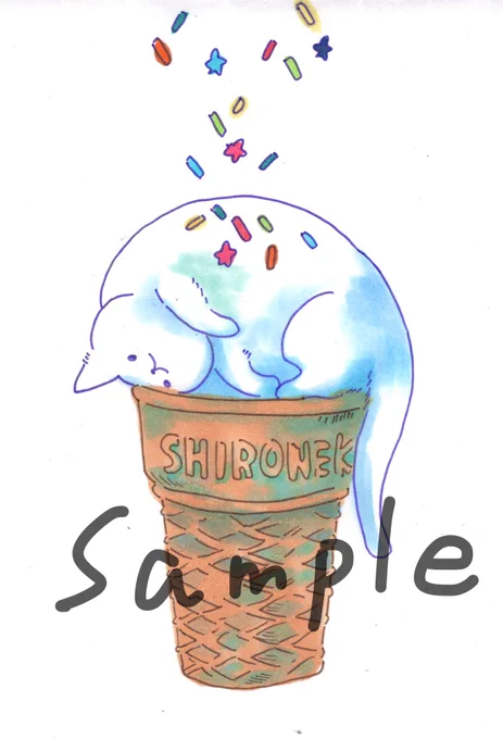 原画のサンプル③カッパのゼリーと白猫ちゃんパーティーです!概要欄にも書きましたが、額に入れてサインを書いてお送りするので、お宛名が必要な方は注文番号とお名前を、ご注文後に送ってください〜通販は22時ごろにあけます〜! 