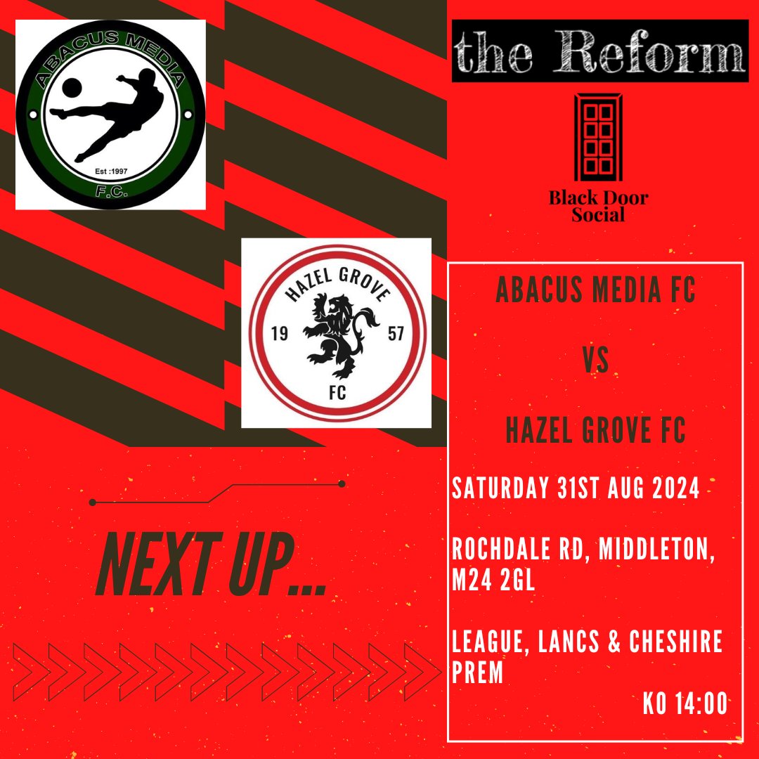 📣 New Season
📣 New League

🔴⚫️Abacus Media FC vs #HGFC🔴⚫

We kick off the season against Abacus Media FC &amp; the squad are pumped to make a mark in the prem!🔥

🏆 Lancs&amp;Chesh AFL, Prem
🆚 Abacus Media FC
📅 31/08/24
⏰ 2pm
🏟️ Rochdale Rd, M24 2GL

#upthegrove #jointhejourney