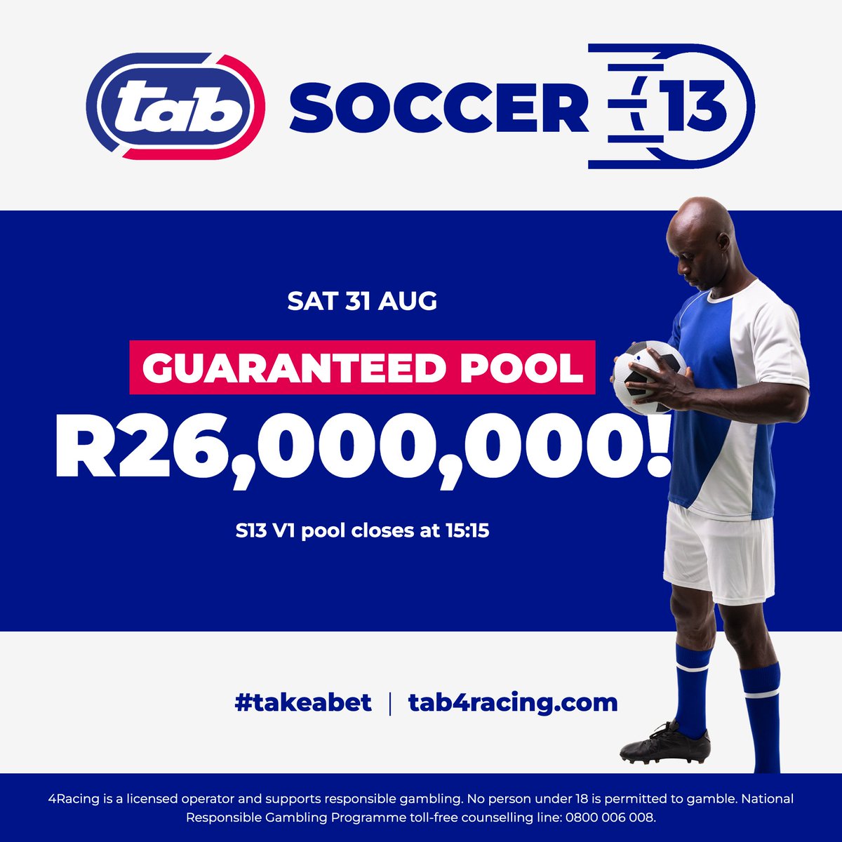 TabSouthAfrica's tweet image. This Saturday, 31 Aug, there’s a GUARANTEED POOL of R26,000,000! 💰 Don’t miss out on this massive chance to win! S13 V1 pool closes at 15:15.

Bet now at hubs.li/Q02MRFP60

#GuaranteedPool #Soccer13 #BigWins #BetNow #TAB #TakeABet